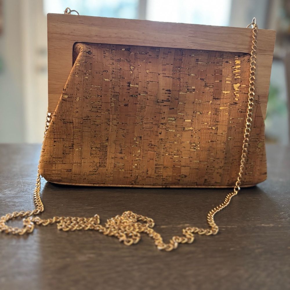 Cork & Wood Clutch with Gold Flecks - Chain Strap - Boho Chic